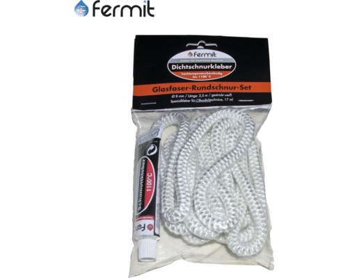 Fermit glasfiber rund sladd set med chamottlim, 8 mm diameter, 2,5 m längd