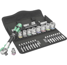 Verktygssats med spärrhandtag, hylsor och bits i textilfodral