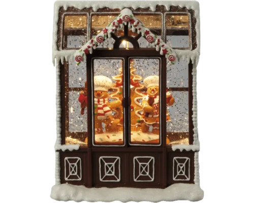 Vattenlyka KONSTSMIDE Pepparkakshus varmvit LED inkl. 5h timer Dekorativt pepparkakshus med pepparkaksgubbar och snö som juldekoration