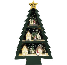 Dekorativ julgran av trä med hus och figurer