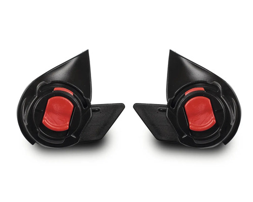 Två svarta bilbarnstolsfästen med röda knappar