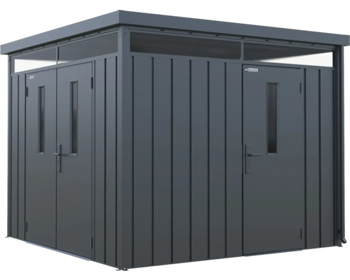 Trädgårdsskåp i metall med två dörrar och fönster