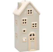 Dekorativt hus av keramik med fönster och dörr