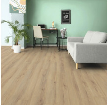 Vardagsrum med ljust trägolv, soffa, skrivbord och krukväxt