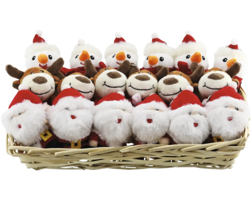 Korg med snögubbe, ren och jultomte plyschleksaker