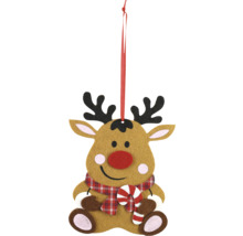 Dekorativ älgar för upphängning med polkagris och halsduk som juldekoration