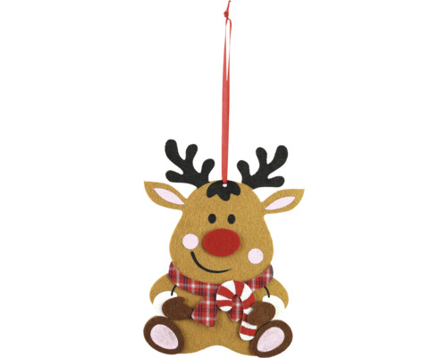 Dekorativ älgar för upphängning med polkagris och halsduk som juldekoration