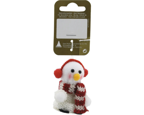 Snögubbe julgransprydnad med stickad halsduk på försäljningskort