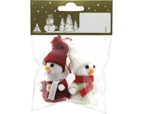Två snögubbe figurer som julgransdekorationer i en förpackning.