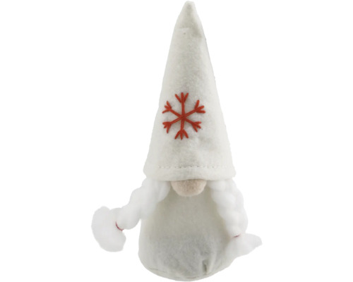 Dekorativ figur julnisse med röd snöflinga på mössan