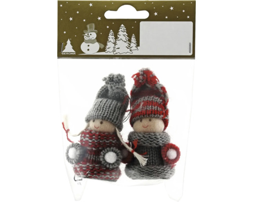 Julgranshänge vinterbarn 7,5cm röd/grå 2-pack Geroma logotyp. Två stickade juldockor i en förpackning.