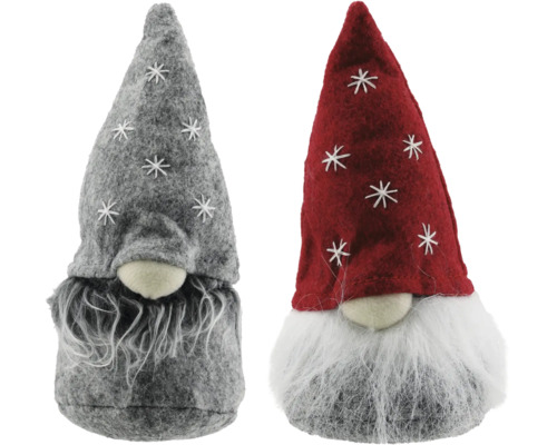 Två tomtefigurer med hattar och skägg