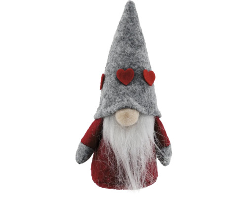Tomte filt 15cm röd/grå Dekorativ dvärgfigur med långt skägg och hjärtdekorationer på hatten