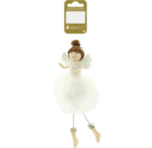 Julängel med pappersvingar och ben med strumpor som dekoration