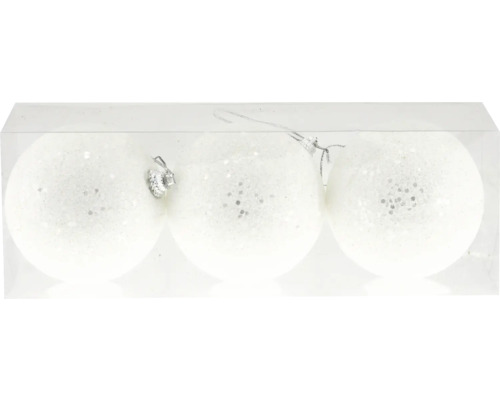 Kula 3-pack plast Ø8cm vita Tre vita julgranskulor med glitter i en transparent förpackning.