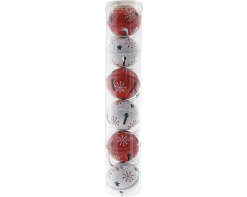 Jugranshänge metallklockor 5cm röd/vit 6-pack Förpackning med julgransklockor i transparent förpackning