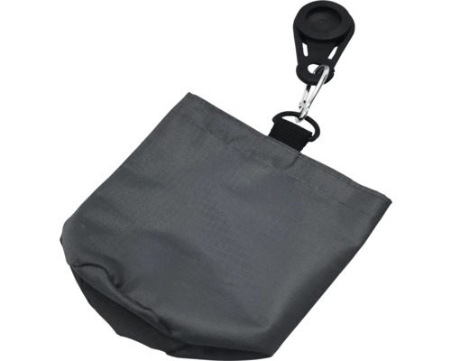 Grå foderpåse med klämma för fastsättning.