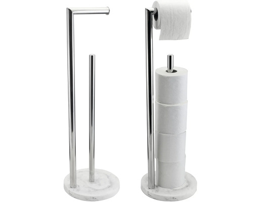 Två toalettpappershållare i krom med marmorfot