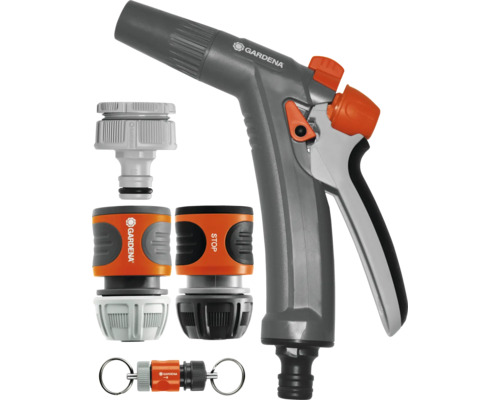 Gardena impulsspruta med olika anslutningsstycken för trädgårdsslangar