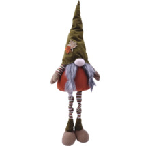 Dekorativ tomte i tyg med randig mössa och applikationer med höstlöv