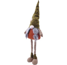 Dekorativ tygfigur i tomte-design med randiga ben och spetsig hatt