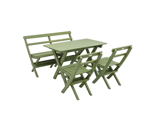 Trädgårdsmöbelset i trä med bord, bänk och två stolar