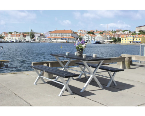 Picknickbordset med bord och två bänkar vid vattnet