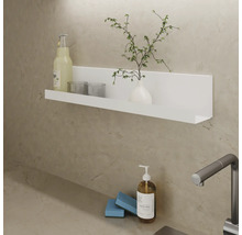 Vägghylla med dryck, glas, vas och växt ovanför diskbänk med tvålpump och svamp