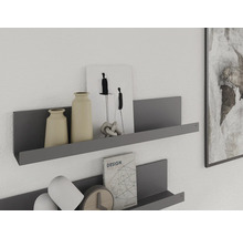 Två grå vägghyllor med dekoration