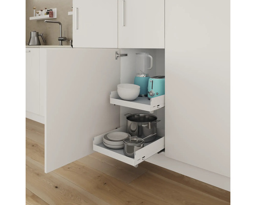 Kökslåda med utdragbara hyllor för förvaring av porslin och köksredskap