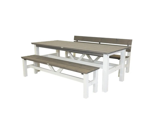 Trädgårdsbordgrupp i trä med bord, bänk och ryggstödsbänk