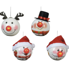 Fyra julgranskulor med motiv ren, snögubbe och jultomte