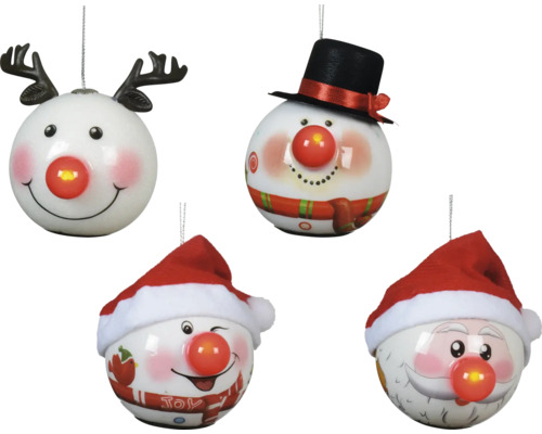 Julgranskula LUMINEO LED blandade utföranden Fyra julgranskulor med motiv ren, snögubbe och jultomte
