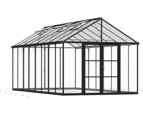 Växthus med transparenta väggar och svart ram.