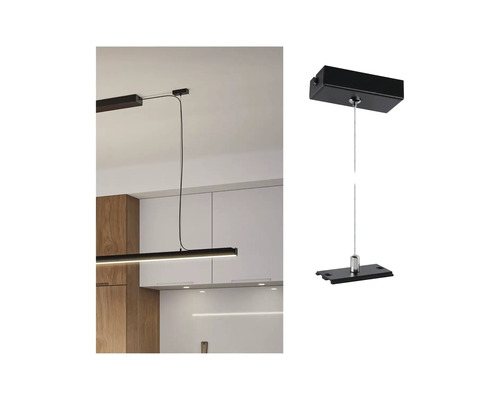 Svart LED-hänglampa i kök och närbild av upphängningen