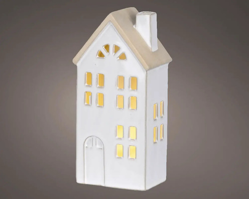 Ljuslykta LUMINEO hus varmvit LED 20,5cm vit Dekorativt ljushus med fönster och skorsten