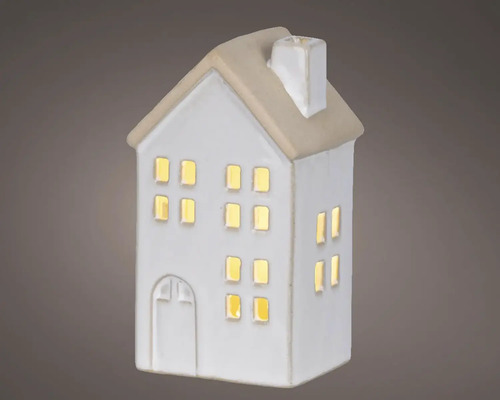 Ljuslykta LUMINEO hus varmvit LED 12,7cm Dekorativ huslampa av keramik med fönsteröppningar