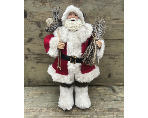 Dekorativ jultomtefigur med spö, tallkottar och presenter