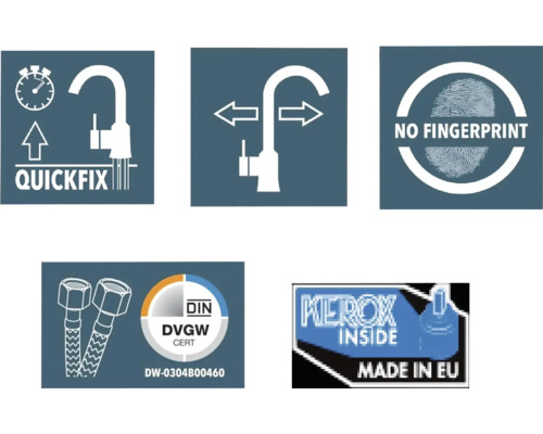 Symboler för snabbmontering, svängområde, inga fingeravtryck, Deutsches Institut für Normung DVGW Zert, Tillverkad i EU