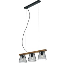 Pendellampa med tre lampskärmar av trådnät och trä