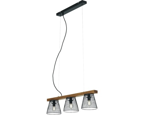 Pendellampa med tre lampskärmar av trådnät och trä
