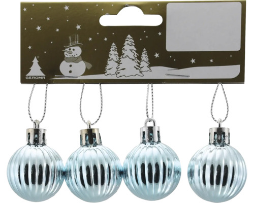 Kula 4-pack plast 3cm ljusblå Fyra ljusblå räfflade julgranskulor på gyllene kartong