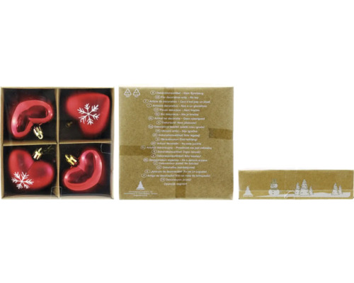 Hjärta 4-pack plast röd/vit 6,5x6,5cm Set med fyra hjärtformade julgranskulor med snöflingemönster för dekoration