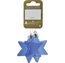 Blå stjärnformade julgranskulor på hängkort