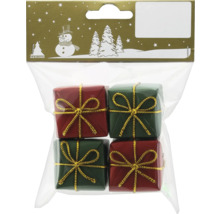 Förpackning med fyra små presentaskar i rött och grönt med gyllene band som juldekoration