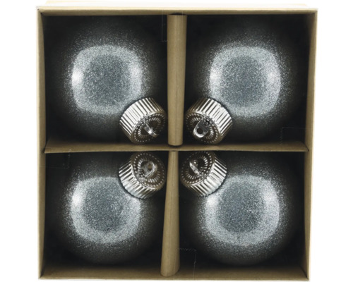 Kula 4-pack plast Ø8cm ljusblå Fyra grå julgranskulor med glitter i kartong