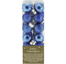 Förpackning med blå julgranskulor i glas