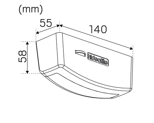 Mått på Hidealite lampa: 55 mm x 140 mm x 58 mm