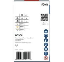 Bosch Logo. Pappersförpackning med återvinningssymbol. Tabell med varv per minut. Symboler för säkerhetsutrustning.