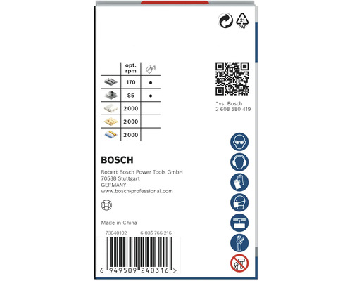 Bosch Logo. Pappersförpackning med återvinningssymbol. Tabell med varv per minut. Symboler för säkerhetsutrustning.